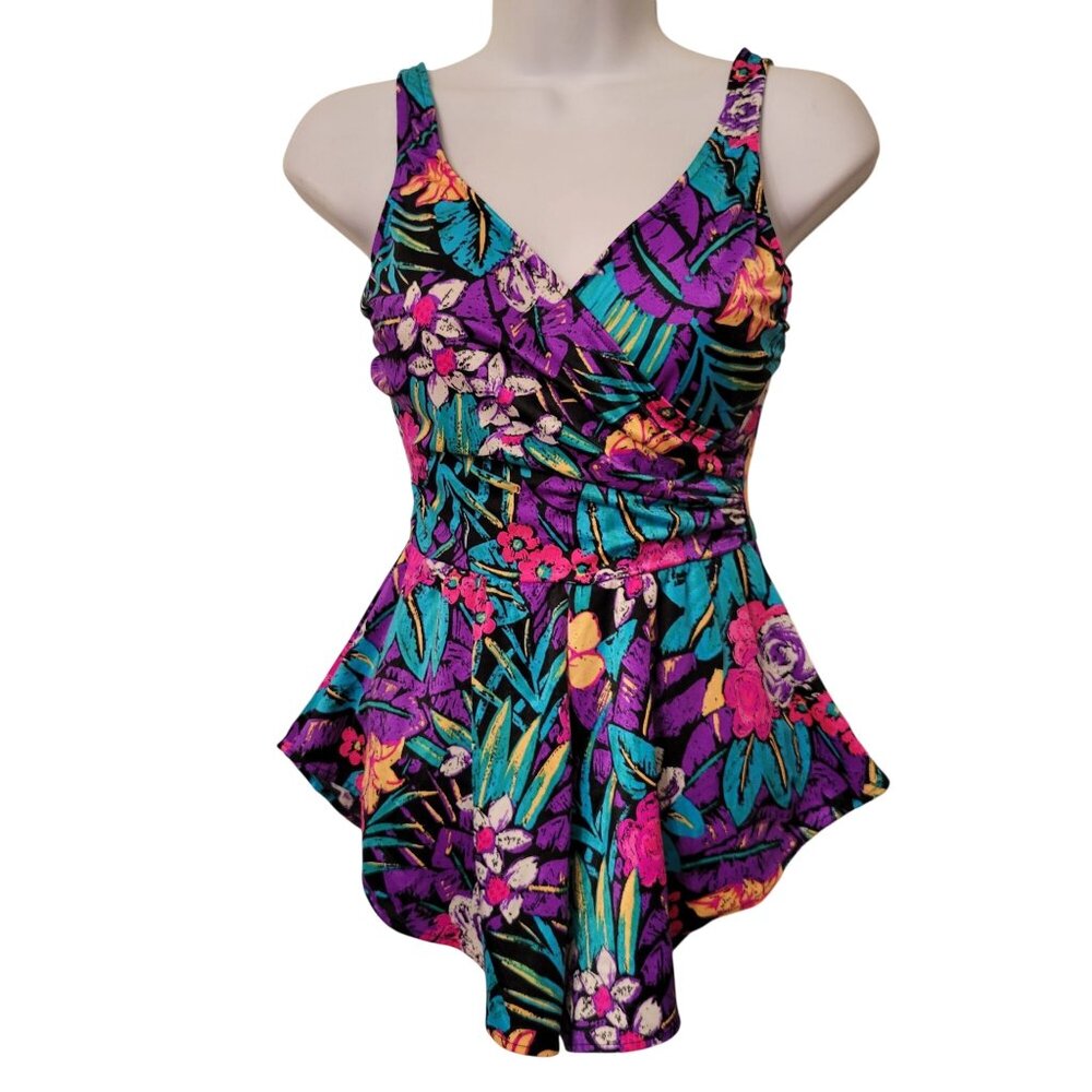 Vintage Mainstream Floral Swimsuit 10 Full Coverage One Piece Retro Surplice Wra